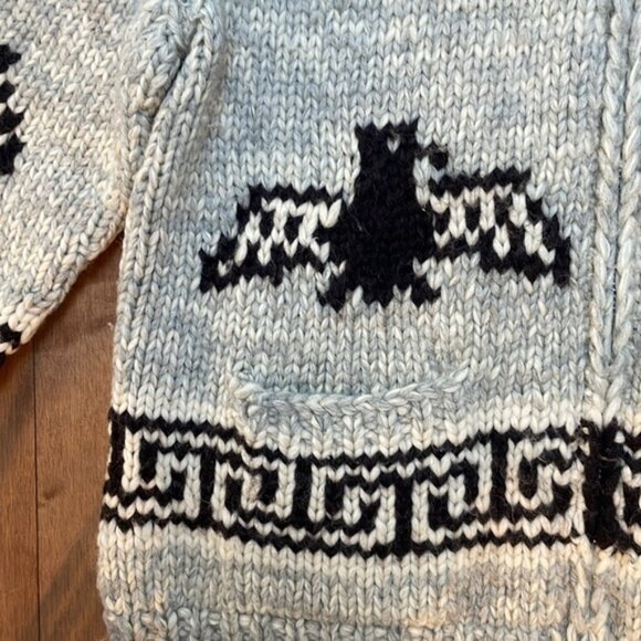 Vintage TUAK Large mens Thunderbird Cowichan zip-up knit wool cardigan sweater - Picture 6 of 13